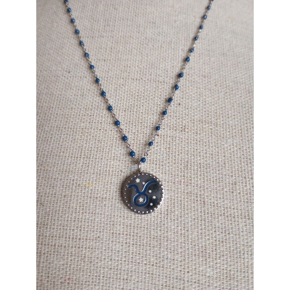 Silver Taurus Pendant with French Blue Enamel 16in Chain W Extender Necklace